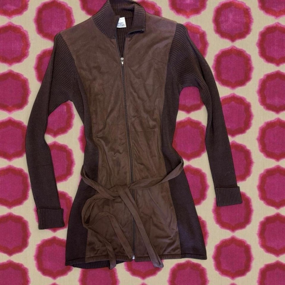 Vintage 90s Avon brown faux suede and knit zip up belted cardigan